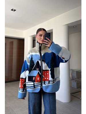 Magarde Premium Desenli Fermuarlı Polar- Saks