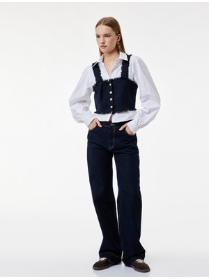Koton Pamuklu Uzun Kollu Klasik Yaka Katmanlı Düğme Detaylı Slim Fit Crop Bluz