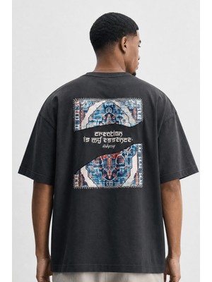 Respire Erkek Itsbyzey Nakış Detaylı Oversize T-Shirt Füme