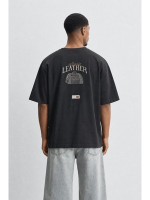 Respire Erkek Leather Baskılı Oversize T-Shirt Siyah