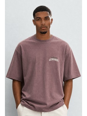 Respire Erkek Leather Baskılı Oversize T-Shirt Kahve