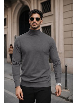 Comstar Erkek Kışlık Basic Slim Fit Uzun Antrasit Kazak