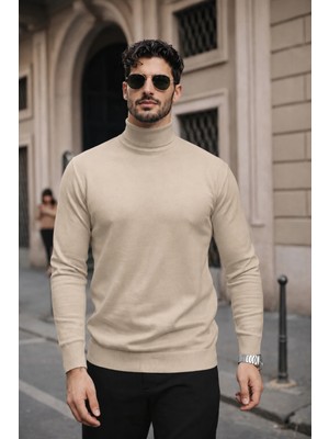 Comstar Erkek Kışlık Basic Slim Fit Uzun Krem Kazak