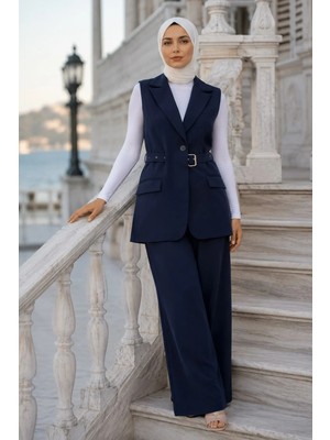 Hafsa Mina Kemerli Yelekli Takım Lacivert HM2749