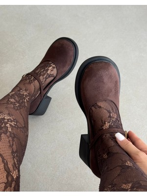 Selin Shoes Nora  Kısa Topuklu Bilek Detaylı Gold Aksesuarlı Kadın Loafer- Kahverengi Süet