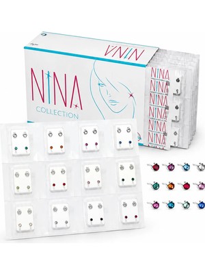 Nina Kulak Delme Küpesi 24 Adet 12 Çift Steril Beyaz Beyaz Taşlı