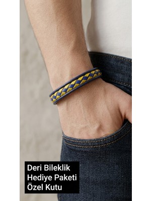 Herşey Nota Solevante Lacivert Sarı Örgü Deri Çift Sıra Manyetik Erkek Bileklik