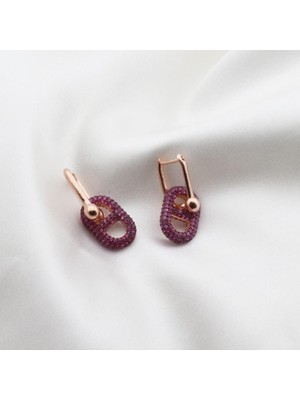 Necati Gün Fuşya Zirkon Taşlı Rose Gold Kaplama Düğme Gümüş Küpe