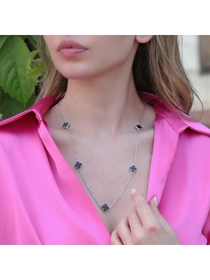Necati Gün Ikonik Alhambra Modeli Siyah Mine Işli Gümüş Kolye