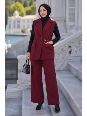 Hafsa Mina Kemerli Yelekli Takım Bordo HM2749