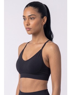 Womenmade Kadın Siyah Renk Çapraz Sırt Detaylı Ayar Askılı Destekli Seamless/dikişsiz Spor Büstiyeri