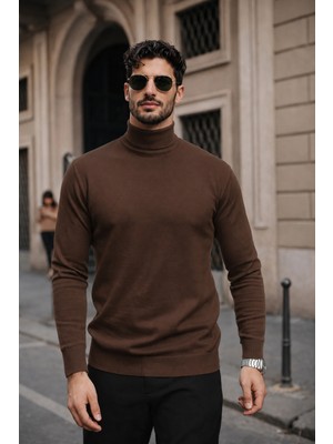 Comstar Erkek Kışlık Basic Slim Fit Uzun Kahve Kazak