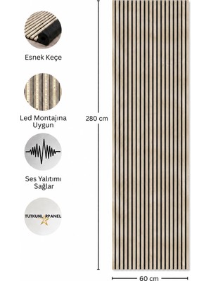 Akustik Duvar Paneli Çıtalı Mdf Ahşap Ses Yalıtımlı Dekoratif Duvar Kaplama Slat Wall Panel Keçeli Tv Arkası Dekor Kaplama 60X280 cm - Traverten