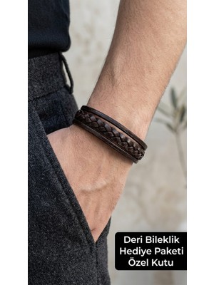 Herşey Nota Ravenhall Çift Sıra Örgü Detaylı Hakiki Deri Erkek Bileklik – Çelik Klipsli