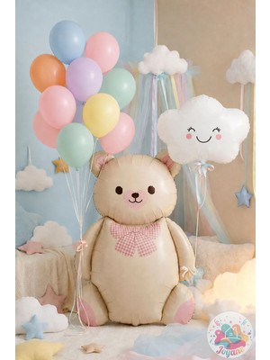 Joyane Ayıcık Folyo Balon 90 cm Krem Renkli 10’lu Makaron Balon Parti Süsleme Seti