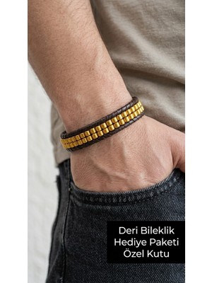 Herşey Nota Aurex Gilded Deri Bileklik – Altın Ton Boncuklu Örgü Erkek Aksesuarı