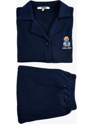 Koton Rahat Kalıp Düğmeli Uzun Kollu Gömlek Yaka Köpek Işleme Detaylı Pijama Takımı