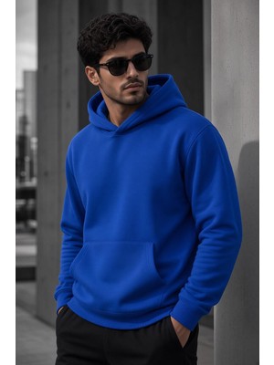 Oksit Bery Erkek Iki Iplik Şardonlu Kapüşonlu Basic Sweatshirt | Kanguru Cepli Düz Renk Günlük Hoodie