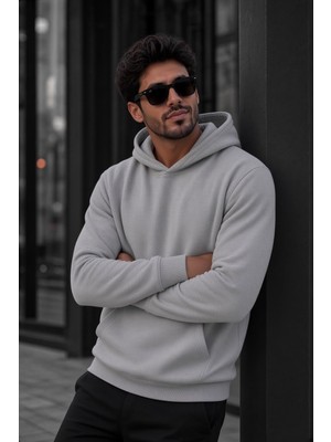 Oksit Bery Erkek Iki Iplik Şardonlu Kapüşonlu Basic Sweatshirt | Kanguru Cepli Düz Renk Günlük Hoodie