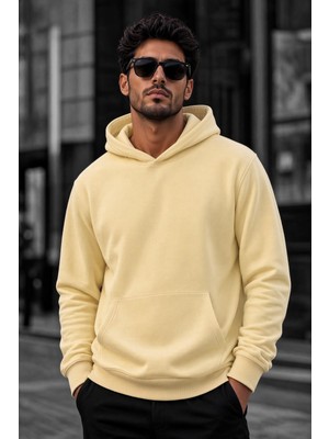 Oksit Bery Erkek Iki Iplik Şardonlu Kapüşonlu Basic Sweatshirt | Kanguru Cepli Düz Renk Günlük Hoodie