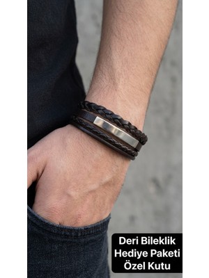 Herşey Nota Prestige Line Çok Katmanlı Örgü Deri Erkek Bileklik Gümüş Renk Plakalı