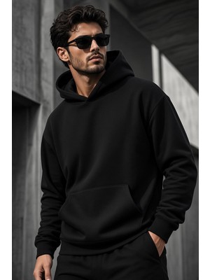 Oksit Bery Erkek Iki Iplik Şardonlu Kapüşonlu Basic Sweatshirt | Kanguru Cepli Düz Renk Günlük Hoodie