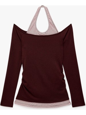 Koton Slim Fit Viskon Karışımlı Halter Yaka Uzun Kollu Ikili Tişört