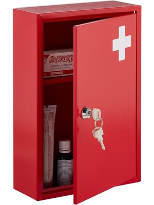 Relaxdays Kilitli Metal Kırmızı Ilk Yardım Dolabı 2 Raflı Duvara Monte 32X21 cm Ilk Yardım Kutusu, Otel ve Restoranlar Için Uygun