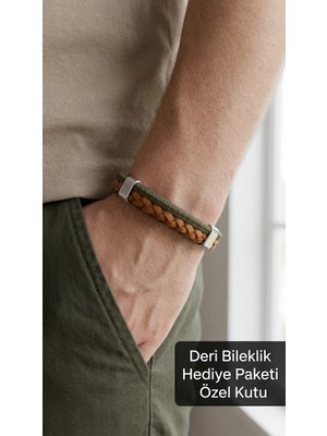 Herşey Nota Eldric Forge Haki Halat Detaylı Kahverengi Deri Erkek Çelik Bileklik