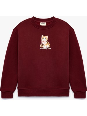 Koton Üç Iplik Şardonlu Uzun Kollu Bisiklet Yaka Kedi Baskılı Sweatshirt