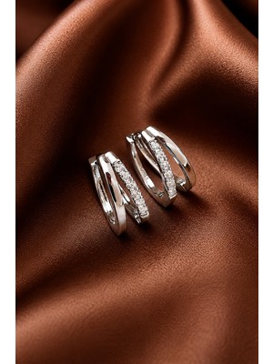 Trend Collection Kadın Gümüş Renk Zirkon Taşlı Çift Sıralı Halka Küpe
