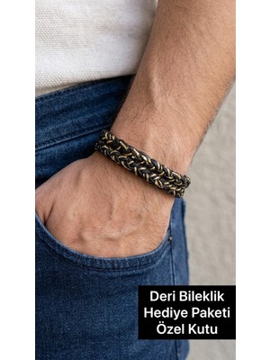 Herşey Nota Aurum Tressé Gold Siyah Örgü Deri Erkek Bileklik Premium Çelik Klipsli