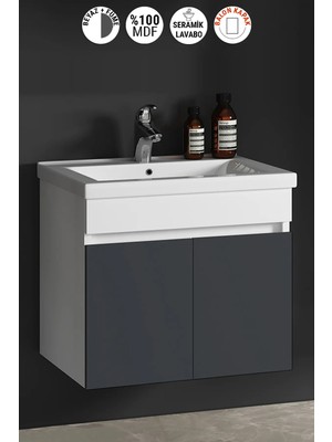 Özceden Çiğdem 80 cm Beyaz-Füme Balon Mdf Seramik Lavabolu Asma Banyo Alt Dolabı