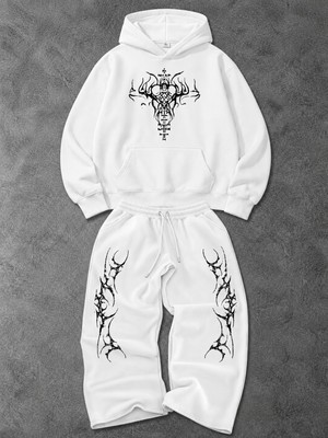 Macklin Unisex Kadın Erkek Punch Baskılı Oversize 3 Iplik Kapüşonlu Sweatshirt ve Baggy Eşofman Altı