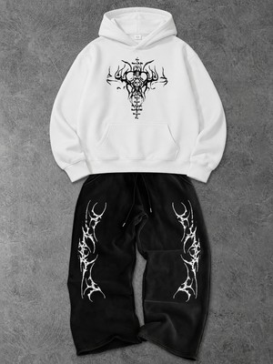 Macklin Unisex Kadın Erkek Punch Baskılı Oversize 3 Iplik Kapüşonlu Sweatshirt ve Baggy Eşofman Altı