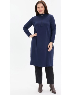 Kado Moda Dik Yaka İki İplik Fermuarlı Tunik