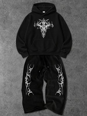 Macklin Unisex Kadın Erkek Punch Baskılı Oversize 3 Iplik Kapüşonlu Sweatshirt ve Baggy Eşofman Altı