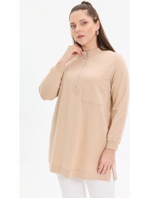 Kado Moda Iki Iplik Dik Yaka Fermuarlı Tek Cepli Tunik