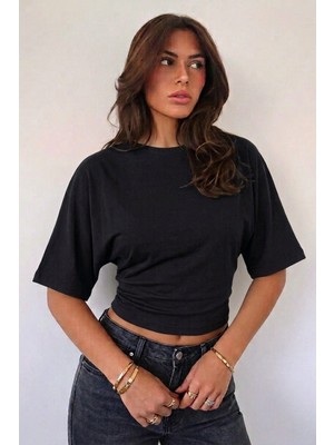 Tarz Cool Kadın Yarasa Kol Belden Oturtmalı Crop Pamuklu Tişört
