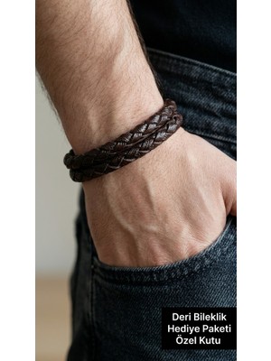 Herşey Nota Morvane Double Weave Hakiki Deri Erkek Bileklik – Çelik Manyetik Kilit