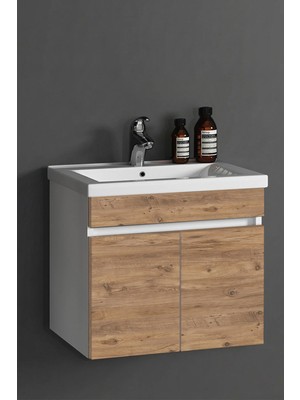 Özceden Çiğdem 55 cm Beyaz -Atlantik Çam Mdf Seramik Lavabolu Asma Banyo Alt Dolabı