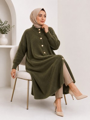 SFG Life Moda Kadın Sakallı Triko Hırka Önü Düğmeli Oversize Uzun Kollu Diz Boyu Örme Hırka