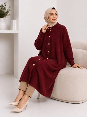 SFG Life Moda Kadın Sakallı Triko Hırka Önü Düğmeli Oversize Uzun Kollu Diz Boyu Örme Hırka