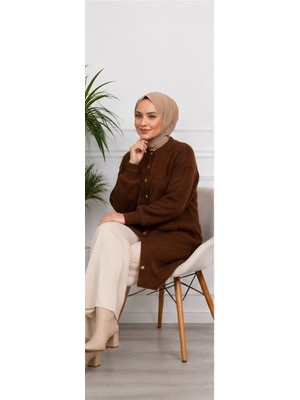 SFG Life Moda Kadın Sakallı Triko Hırka Önü Düğmeli Oversize Uzun Kollu Diz Boyu Örme Hırka