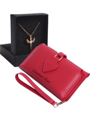 Özka Leather Kişiye Özel Kırmızı Renk Maça Model Cüzdan & Elmasbaş Kolye Set - Anahtarlık Hediyeli!