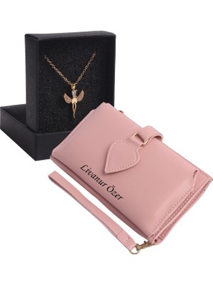 Özka Leather Kişiye Özel Pudra Renk Maça Model Cüzdan & Elmasbaş Kolye Set - Anahtarlık Hediyeli!