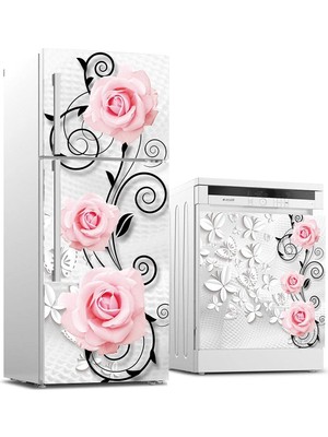 Die Grup Buzdolabı ve Bulaşık Makinası Beyaz Eşya Sticker Kaplama Pembe Güller