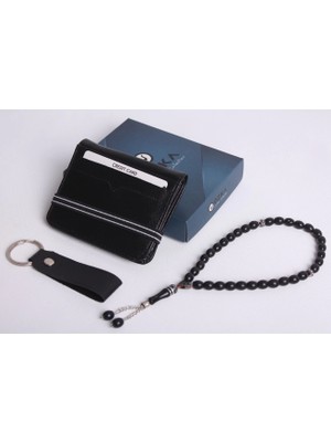 Özka Leather Kişiye Özel Lastikli Kartlıklı Cüzdan - Anahtarlık ve Tespih Hediye