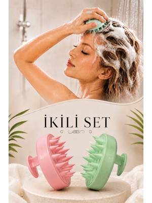 Invictus Design Kadın ve Erkek 2'li Set Pembe & Su Yeşili Silikon Saç Derisi Temizleme ve Masaj Tarak Şampuan Fırçası Duş Banyo Köpürtme Yumuşak Aparat