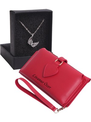 Özka Leather Kişiye Özel Kırmızı Renk Maça Model Cüzdan & Melek Kanatlar Kolye Set - Anahtarlık Hediyeli!